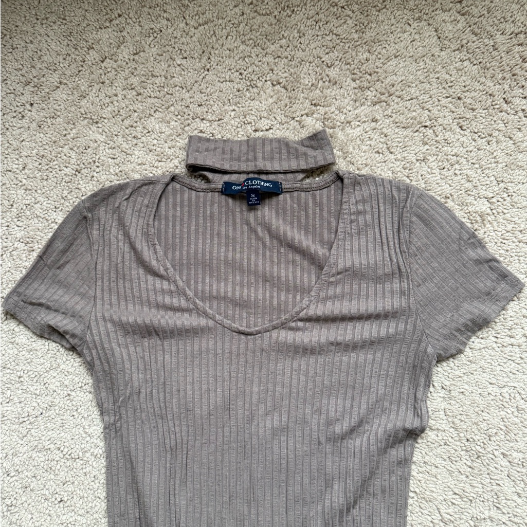 One Clothing Taupe Ribbed V-Neck Dress With Mock Collar